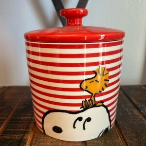 Peanuts Snoopy And Woodstock Red Striped Ceramic Canister Cookie Jar 6.5 In NEW